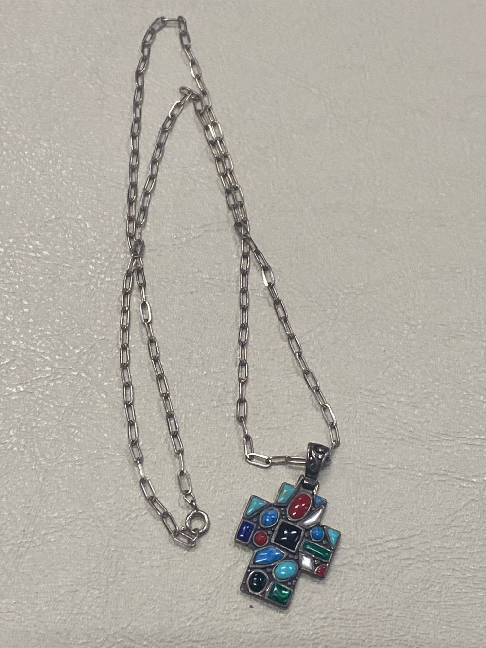 Sterling Silver Multicolor Cross Pendant on 22” Necklace - Women Jewelry
